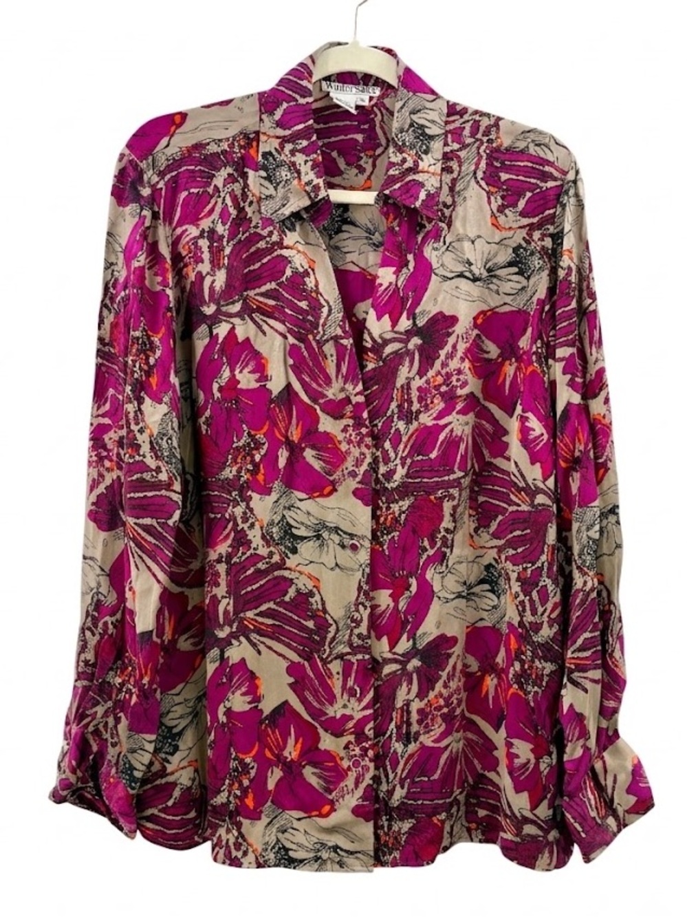 WinterSilks 100% Silk Floral Blouse XL Purple Button Front Shirt